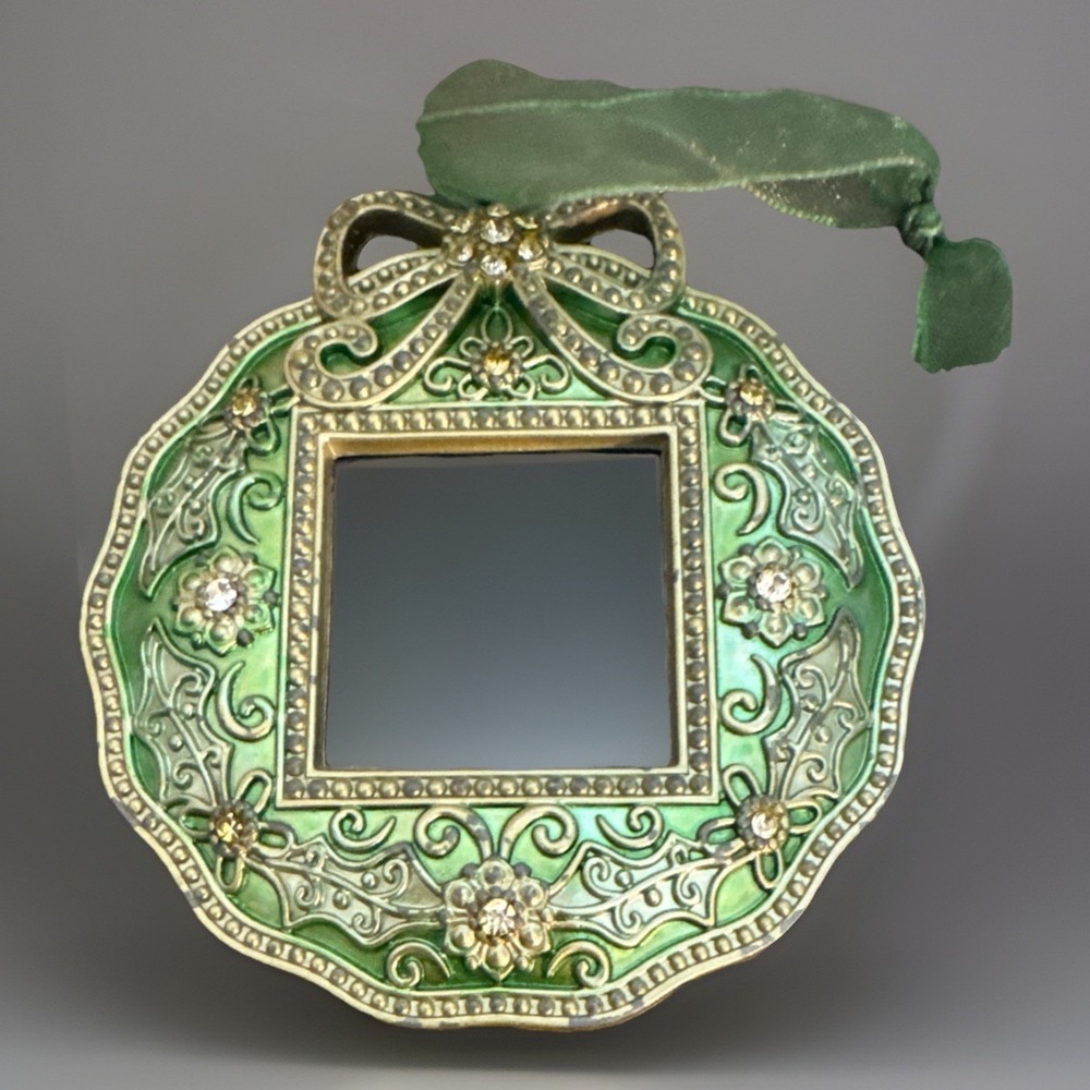 Metal Enamel Photo Frame Ornament Christmas Wreath Green Rhinestone 3"h